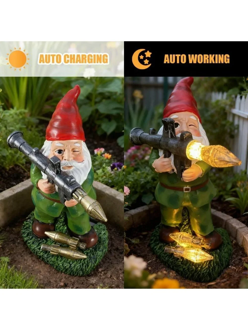 Large Solar Garden Gnome Statue - Military Soldier Decor, Unique Outdoor